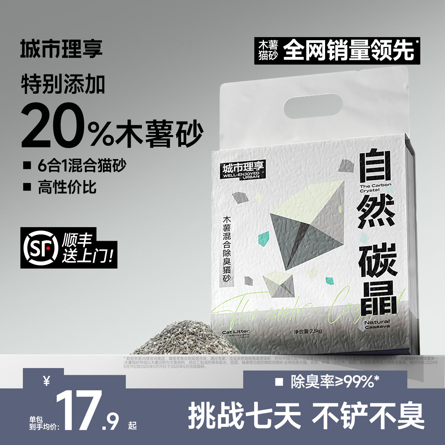 城市理享混合猫砂木薯活性炭豆腐砂除臭近无尘膨润土矿砂防臭猫沙