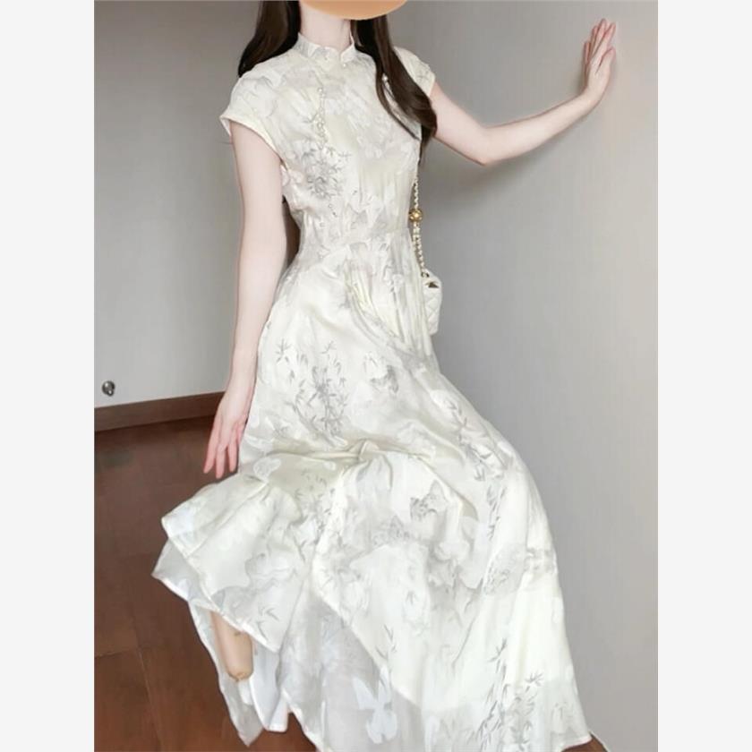 新中式清冷感白色国风竹子连衣裙女夏复古温柔风气质改良旗袍长裙
