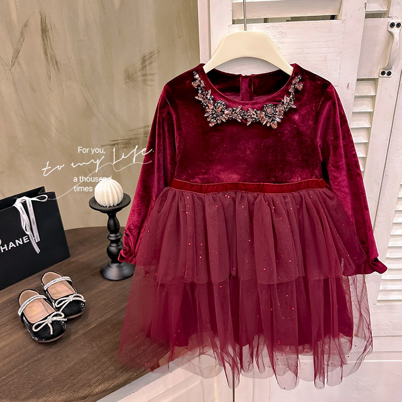 女童春装2024新款红色女童连衣裙春秋女宝宝公主裙红色高级感裙子