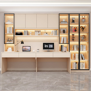 双人书桌书架一体电脑台式桌家用卧室学生书桌轻奢实木学习桌子