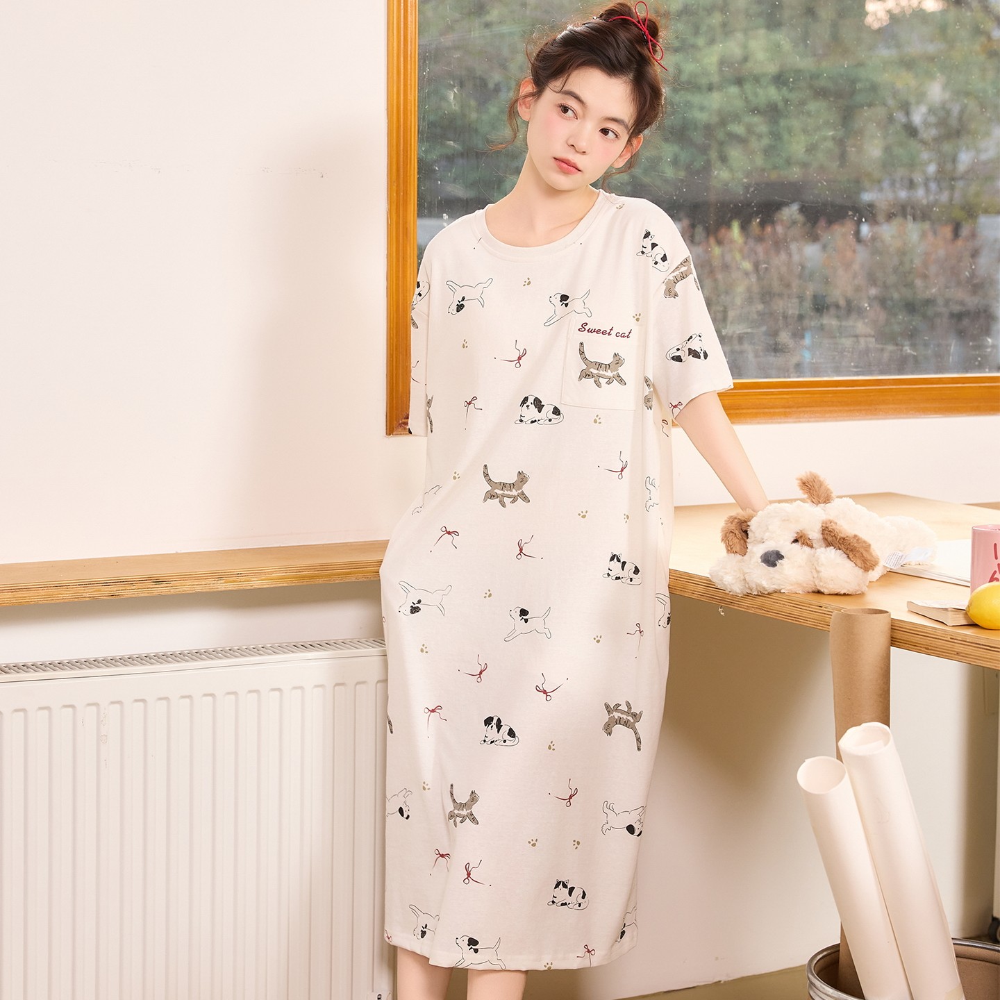 针织夏季长款短袖薄款睡裙女时尚大码宽松家居服带胸垫过膝连衣裙