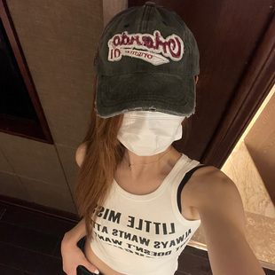 Y2K辣妹美式 百搭网红棒球帽 复古破洞做旧鸭舌帽女春夏大头围韩版