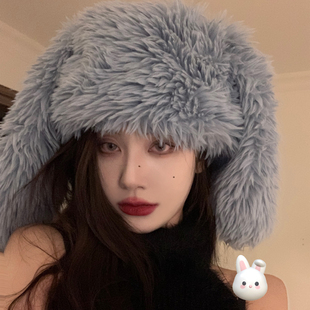 甜美可爱兔耳朵毛绒帽子女秋冬季 渔夫帽潮 加厚保暖套头帽网红个性
