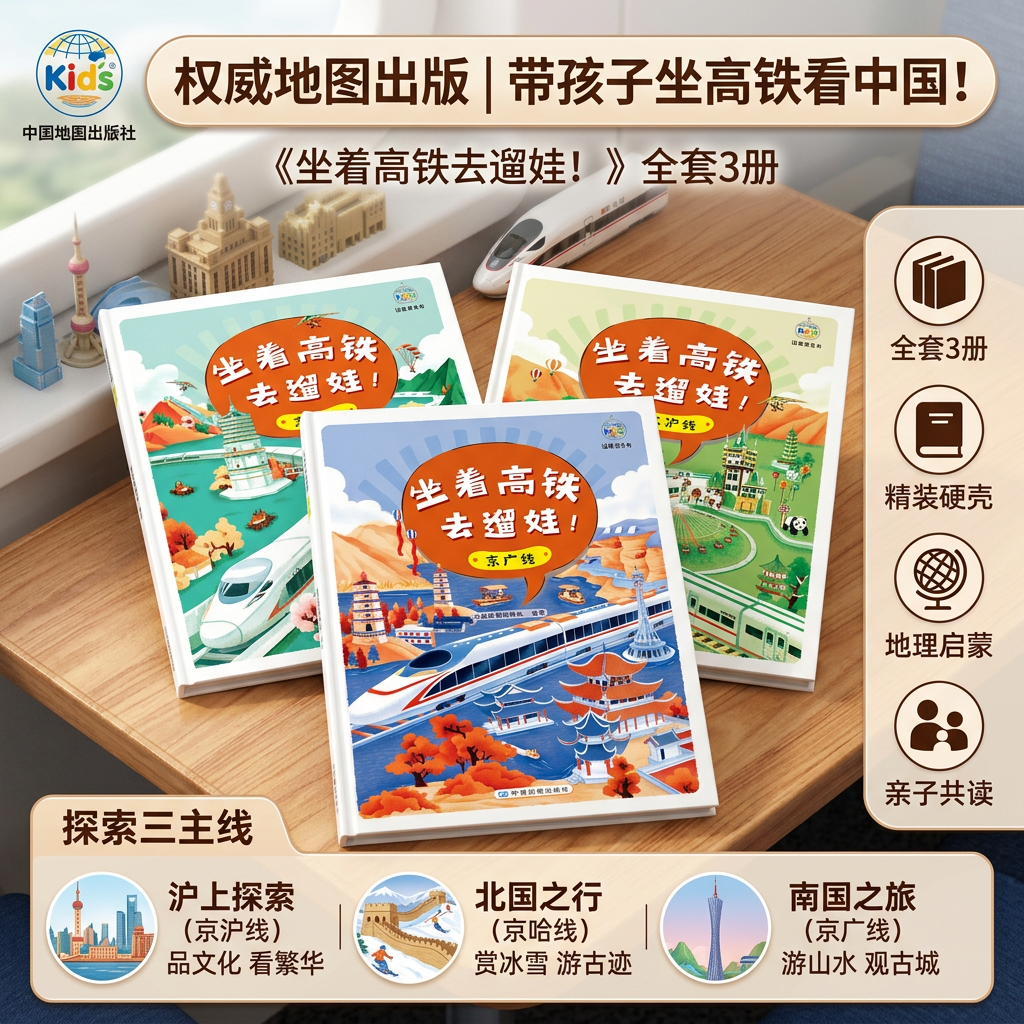 【央视网】坐着高铁去遛娃全三册 京哈线+京沪线+京广线 少儿科普 复兴号6-12岁少年儿童自然旅行百科全书籍幼儿地图上的全景中国
