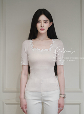 Redmole【浅樱呢喃】定染清浅樱粉色｜羊毛混纺蕾丝方领上衣短袖