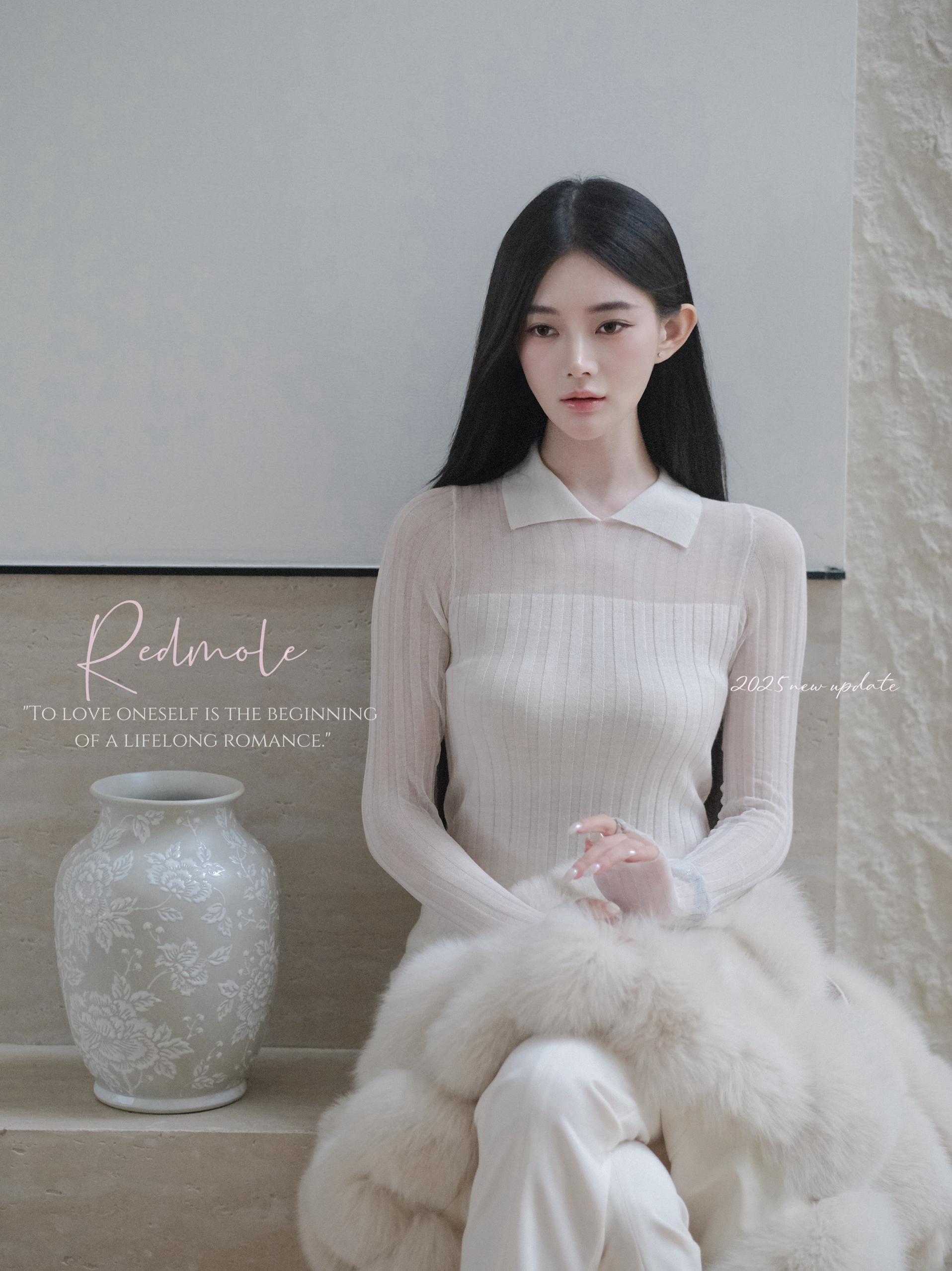 Redmole【柔雅白茶】细支桑蚕丝欧根纱羊毛混纺|原创设计针织衫
