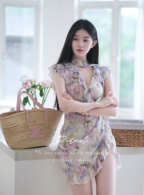 Redmole【莫奈花园】原创进口雪纺绣球定染印花荷叶边飘带连衣裙