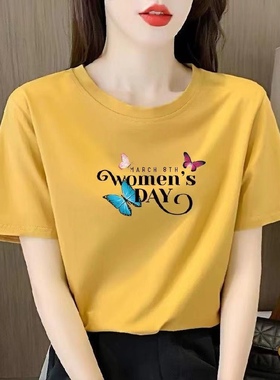 短袖夏女装纯棉新款黄色蝴蝶女t恤宽松白色半袖遮肉百搭时尚洋气