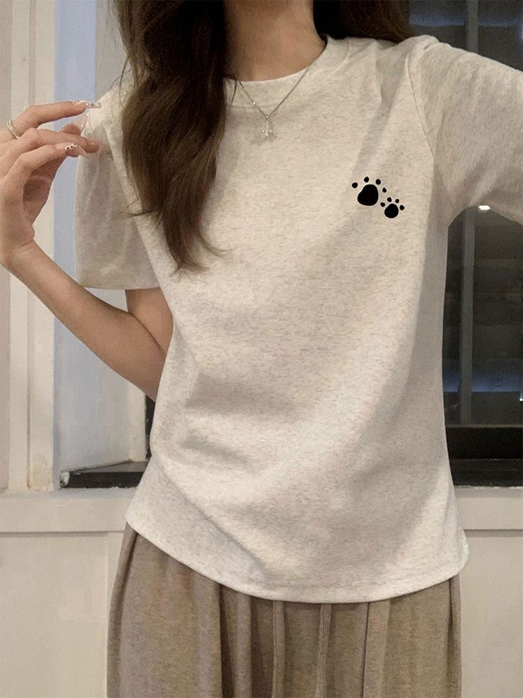 纯棉印花小熊脚印正肩短袖t恤女夏季内搭显瘦修身款上衣女士短袖