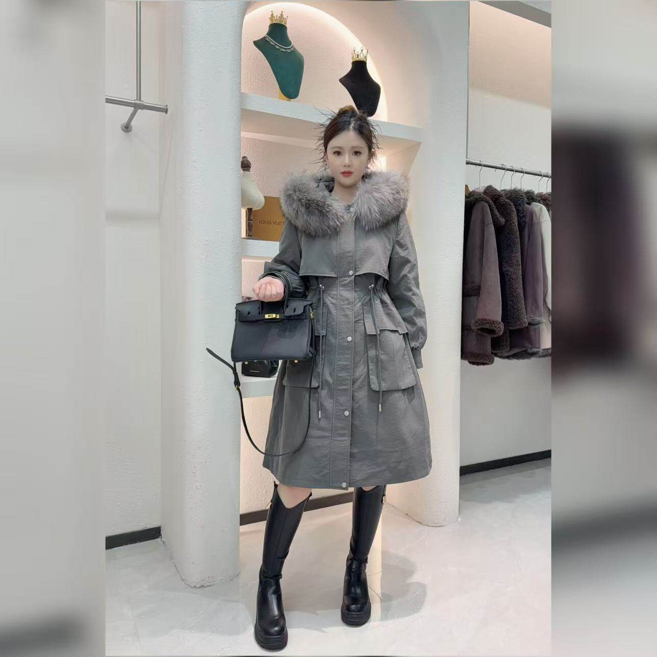 【雪柳】新款中长款加厚女款可拆卸大貉子毛领派克服