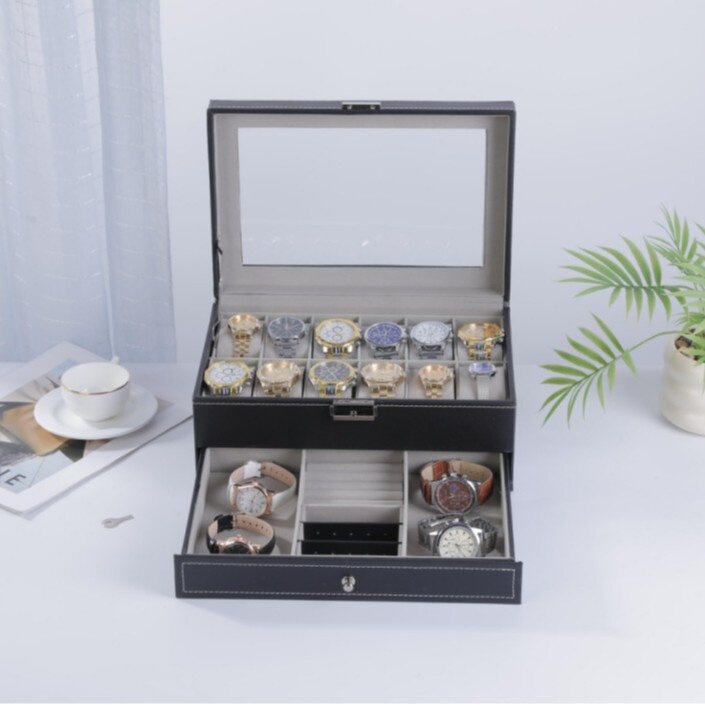现货12位双层带钥匙皮革手表盒首饰收纳盒耳环手镯戒指展示盒