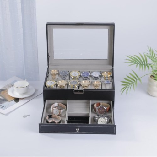 现货12位双层带钥匙皮革手表盒首饰收纳盒耳环手镯戒指展示盒