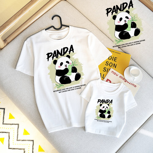 精梳棉180克夏季新亲子装家庭装一家三口卡通熊猫印花儿童短袖t恤