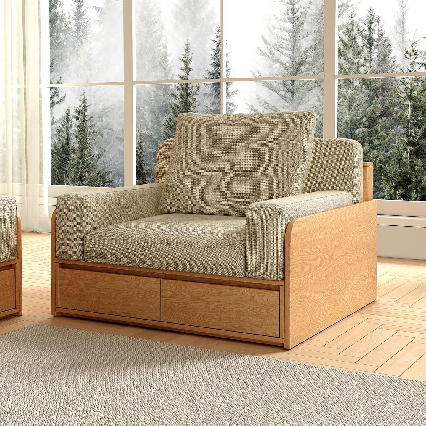 轩艺居全实木储物布艺单人沙发