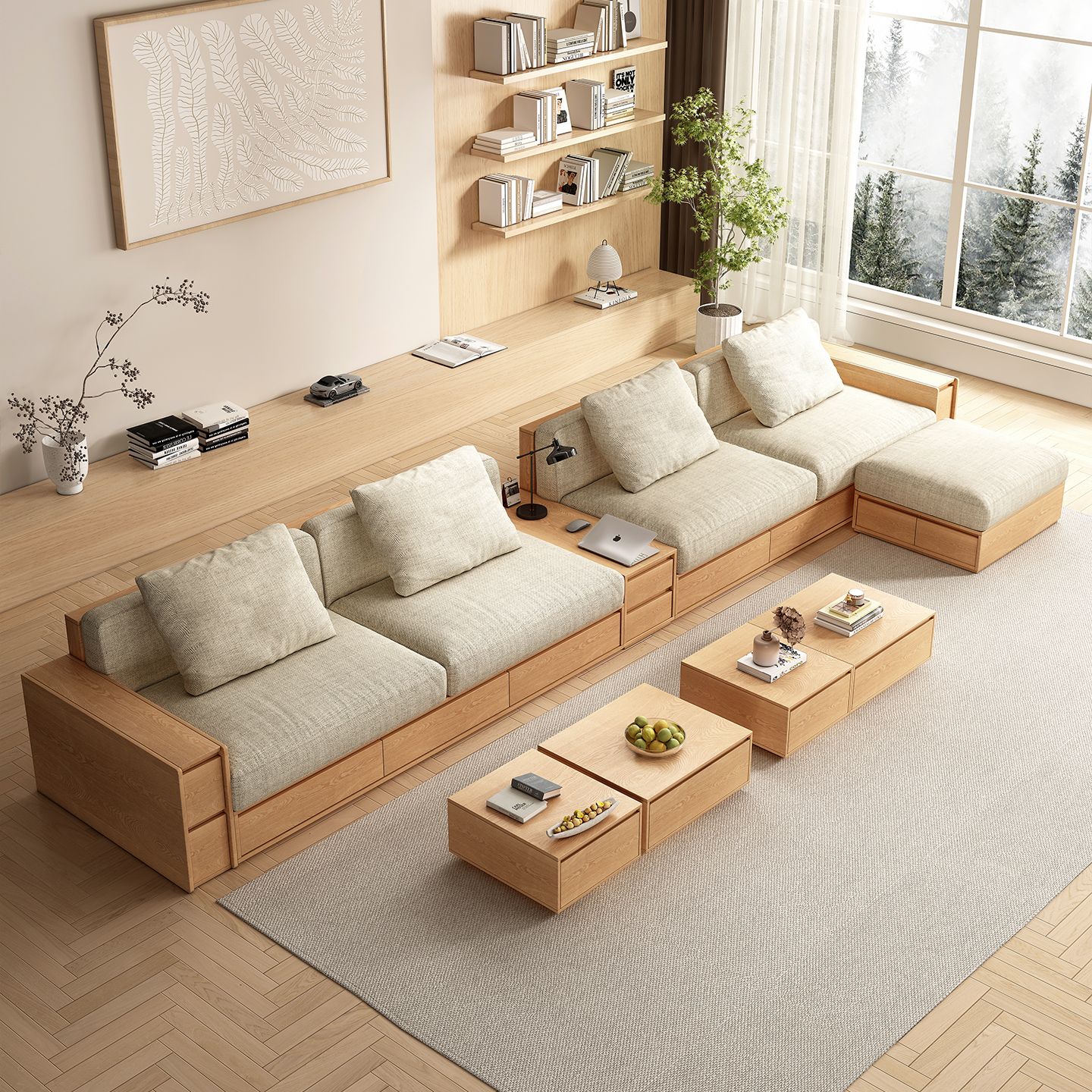 沙发板式储物实木沙发小户型原木风抽屉客厅家具米色布艺拆洗沙发