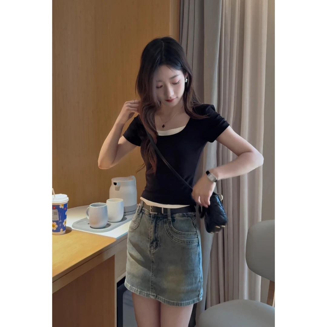 假两件U领短袖T恤女2025夏季新款气质小个子修身弹力显瘦上衣正肩