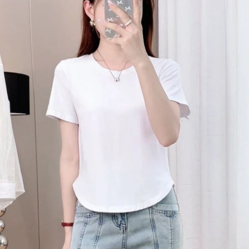 白色纯棉正肩t恤女短袖2026夏新款宽松大码显瘦弧形下摆打底上衣