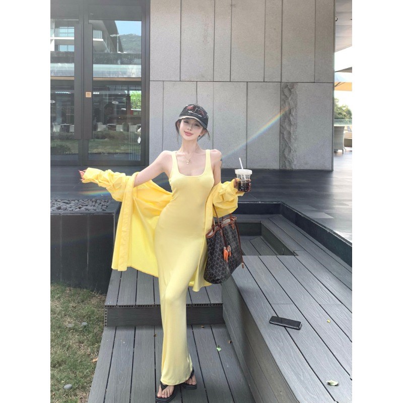 黄色polo领长袖衬衫外套女夏季休闲套装吊带连衣裙鱼尾长裙两件套