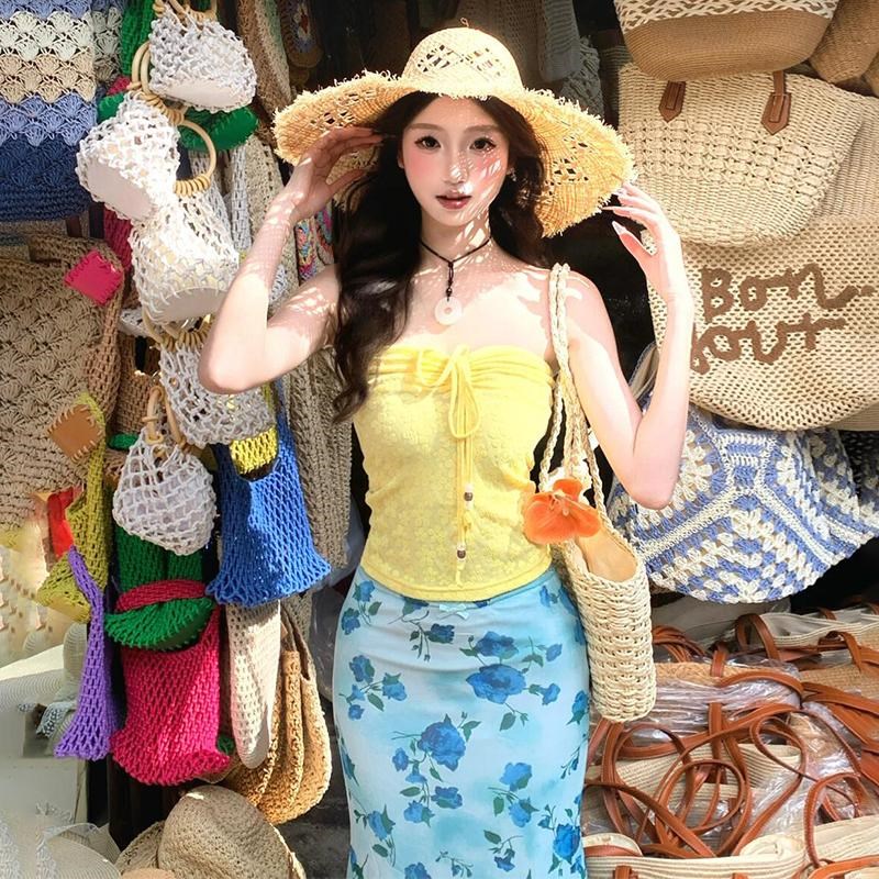 多巴胺纯欲辣妹黄色抹胸绑带上衣女夏季海边度假风拍照穿搭氛围感