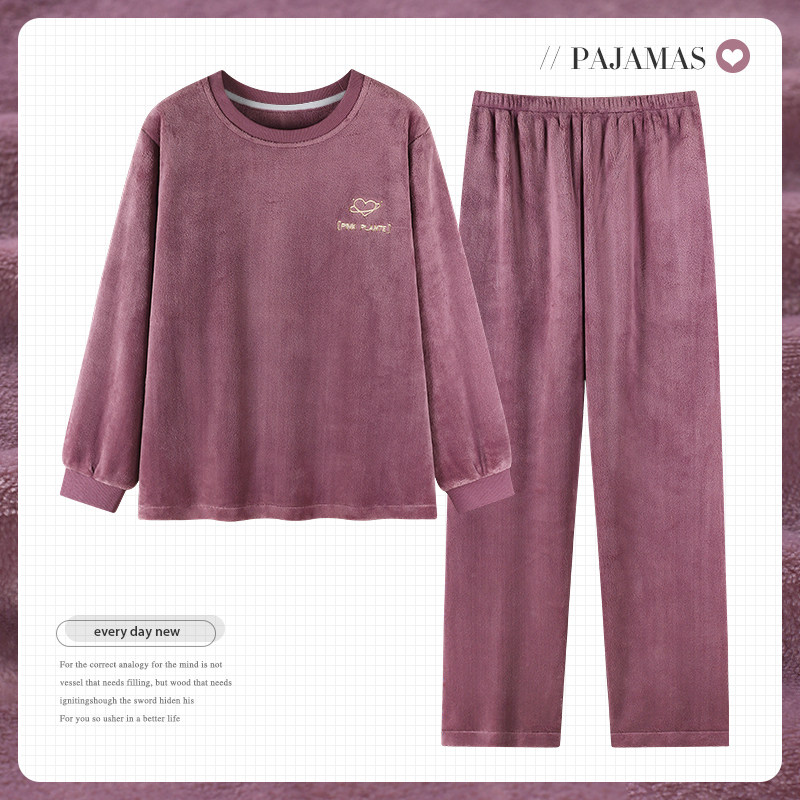 冬季珊瑚绒睡衣圆领中年妇女加厚保暖秋冬款家居服加肥加大码套装