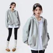 帽衫 连帽开衫 卫衣加厚女灰色460g重磅宽松拉链外套韩系男女同款
