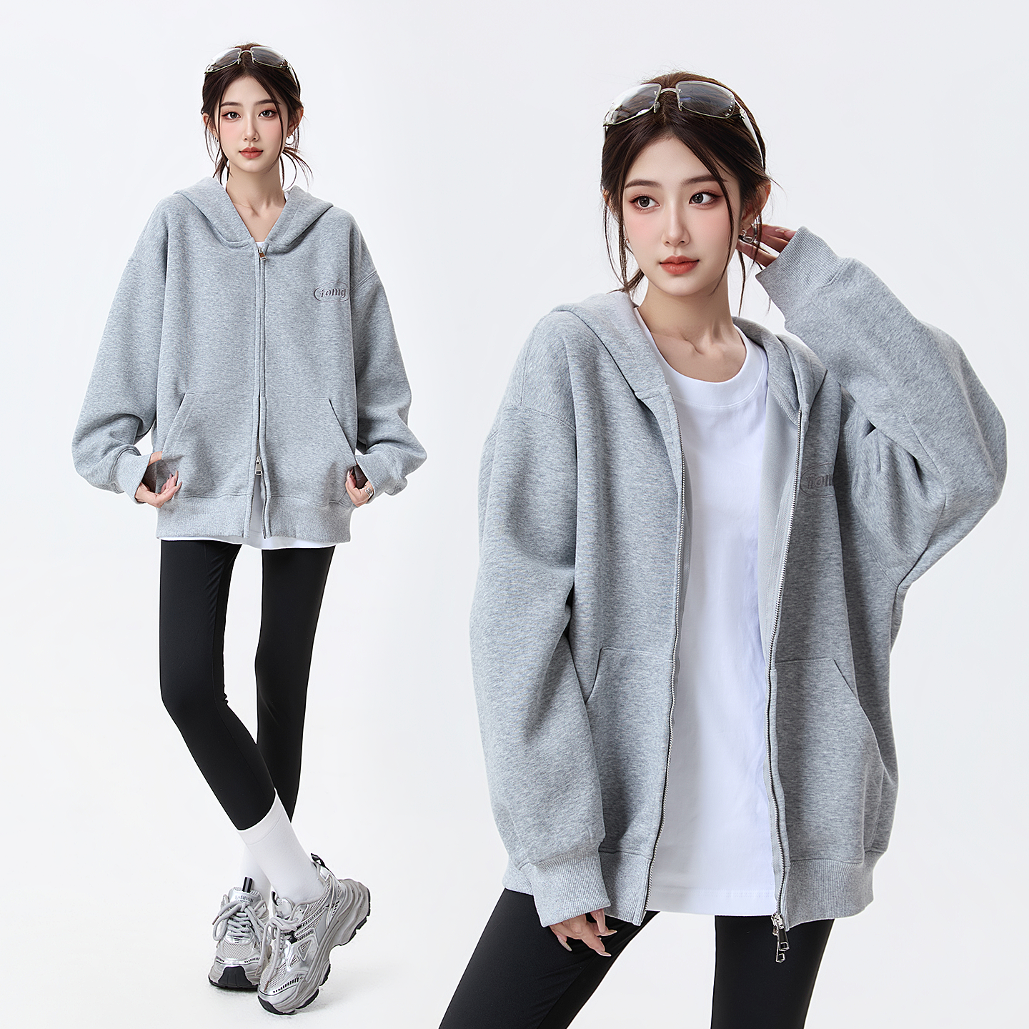 重磅灰色连帽卫衣拉链开衫女廓形