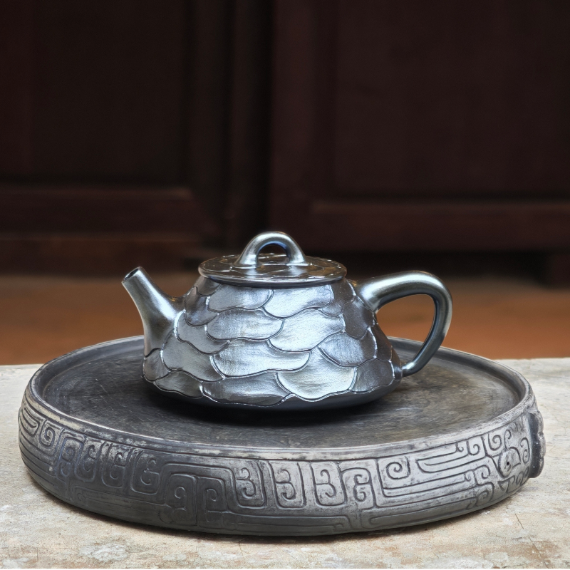 结晶烧坭兴陶袁辉文浮雕石瓢茶壶