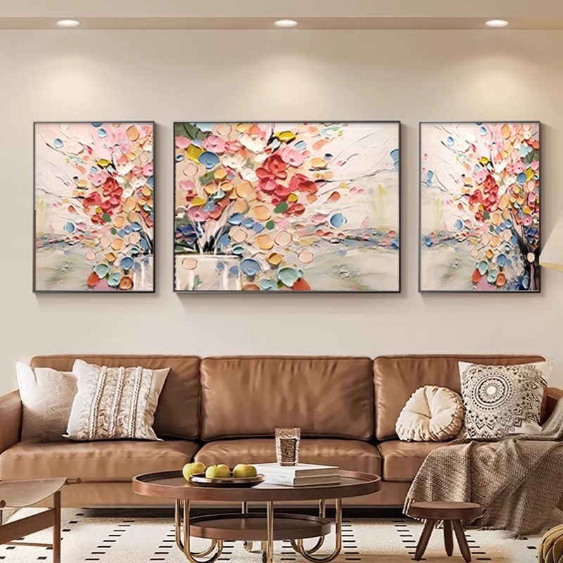 大芬油画村客厅装饰画三联抽象花卉发财树肌理挂画沙发背景墙壁画图片