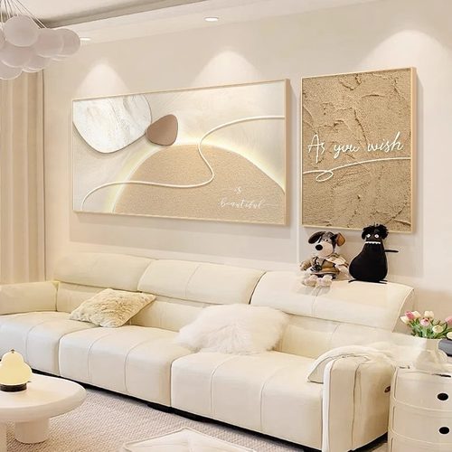 奶油风客厅石来运转装饰画双联