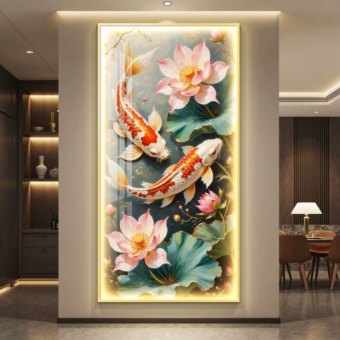 现代简约锦鲤荷花入户门玄关装饰画走廊过道挂画轻奢中式壁画带灯图片