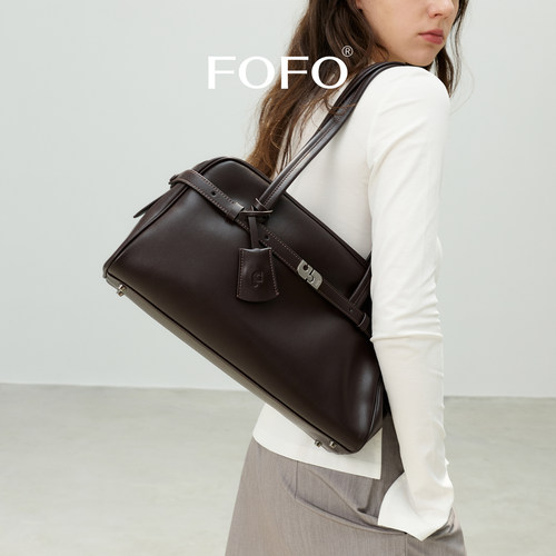 FOFO波士顿包原创小众新款牛皮单肩腋下包通勤大容量保龄球女包