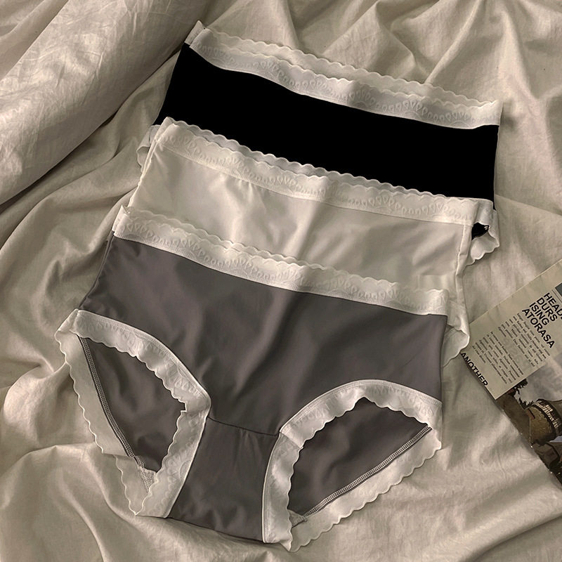 女士黑白灰极简主义纯色冰丝中腰内裤少女无痕舒适蕾丝纯棉三角裤