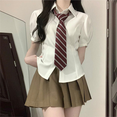 jk制服JK收腰衬衫短袖日系泡泡袖纯欲风白衬衫女辣妹套装