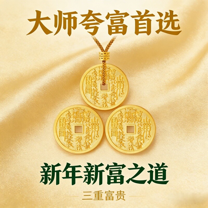 山鬼花钱平安扣挂件沙金三帝钱吊坠男女通用新年挂饰招财金色吊坠