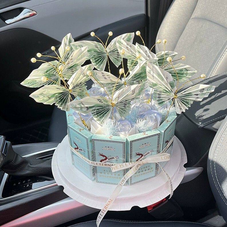 新款永生花蛋糕生日礼物送男女朋友手工制作材料网红蝴蝶有钱花盒
