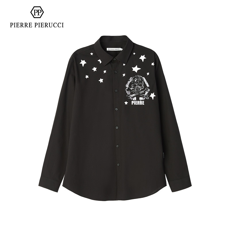 pp意大利男装春夏衬衫长袖黑色骷髅头印花时尚潮流翻领修身衬衣男