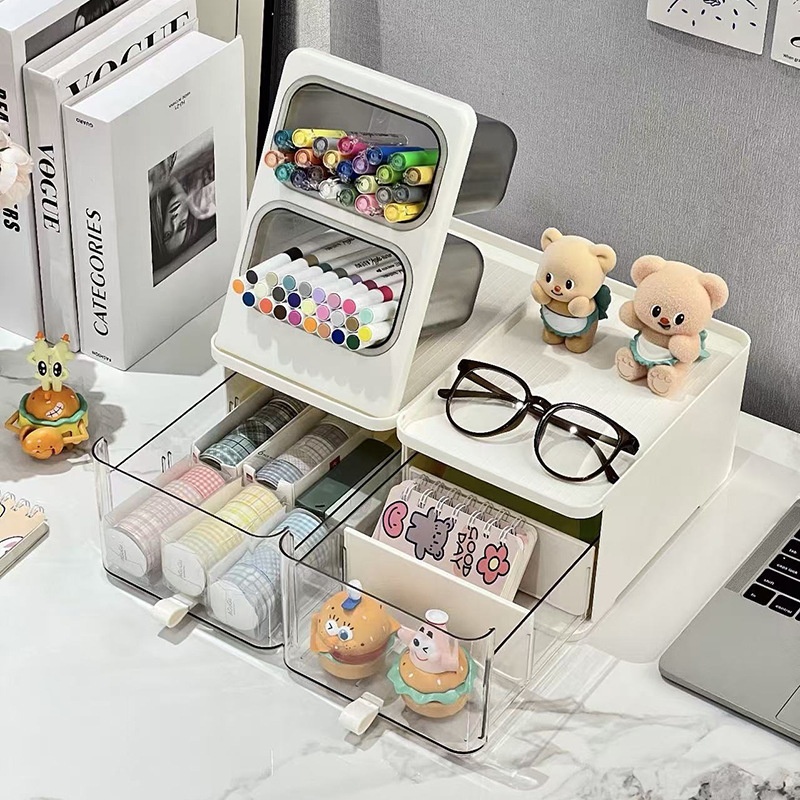 桌面收纳盒大容量抽屉式斜插笔筒学生办公室马克笔透明置物架