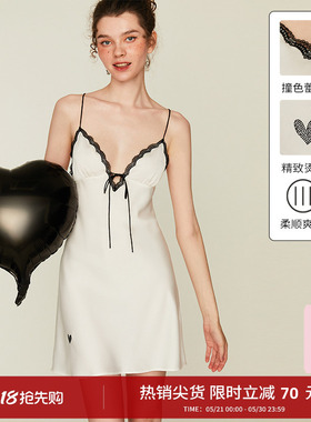 dplaysweet法式复古轻奢性感白色蕾丝吊带睡裙女士烫饰缎面睡衣