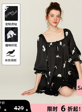 DPLAYSWEET法式黑色猫咪印花睡裙慵懒睡衣家居服女2026年夏季新款