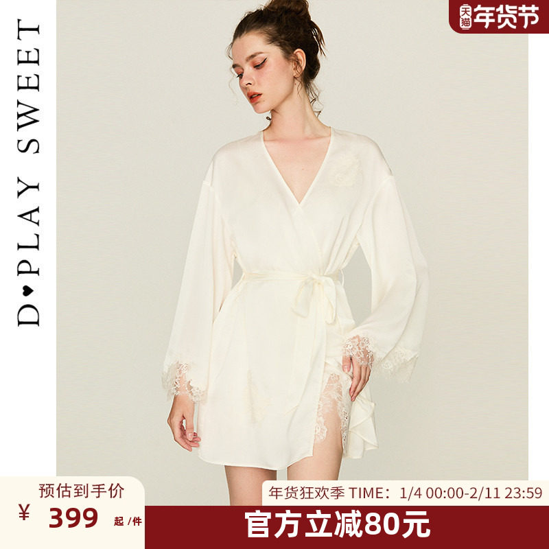 DPLAYSWEET性感蕾丝缎面睡袍法式轻奢晨袍宽松慵懒纯欲睡衣春季,女士内衣/男士内衣/家居服,晨袍,淘宝优惠券,粉丝福利购,淘宝优惠卷