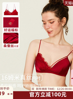 DPLAYSWEET蕾丝细肩带内衣套装真丝内里红色无钢圈三角杯文胸性感