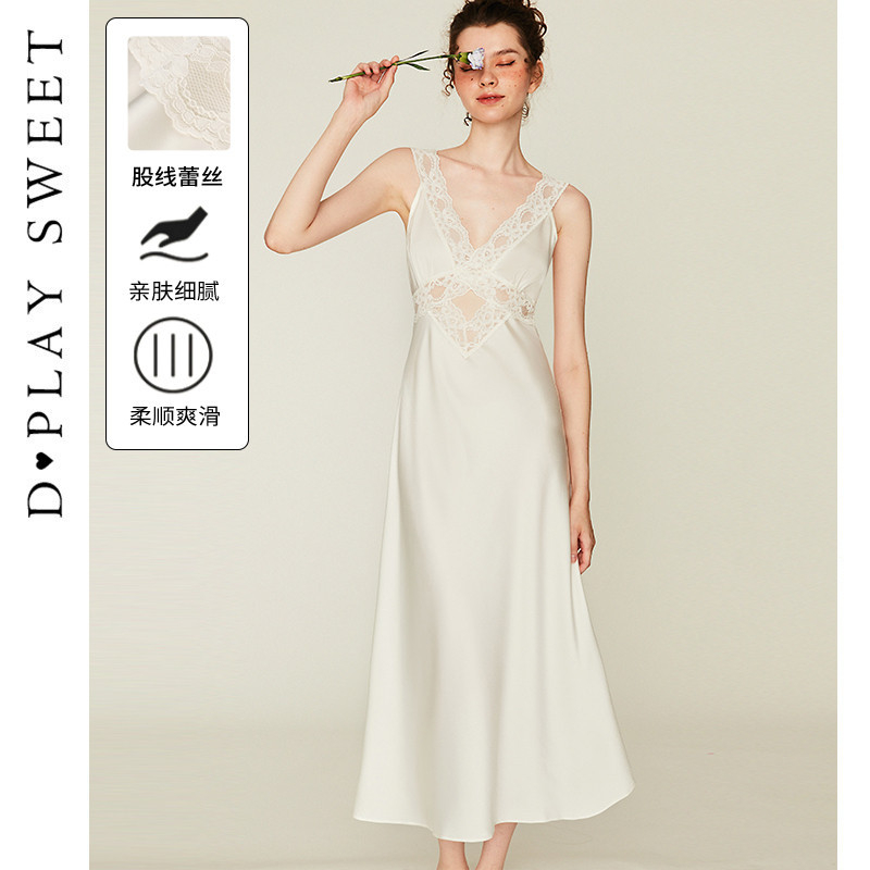 DPLAYSWEET法式白色轻奢性感镂空缎面蕾丝吊带裙长款睡裙女款新品