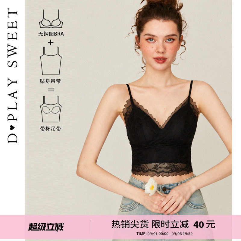 dplaysweet性感蕾丝带胸垫短款吊带背心美背一体式内衣可外穿图片