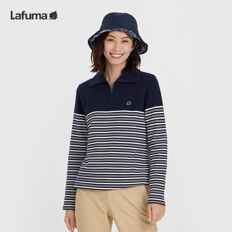 乐飞叶户外秋冬半拉链翻领长袖T恤女士时尚休闲条纹打底衫