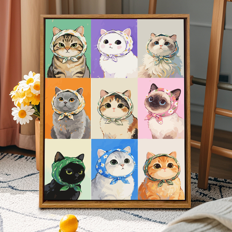 裹头巾的可爱小猫DIY数字油画手工绘填充涂色卡通治愈丙烯装饰画图片