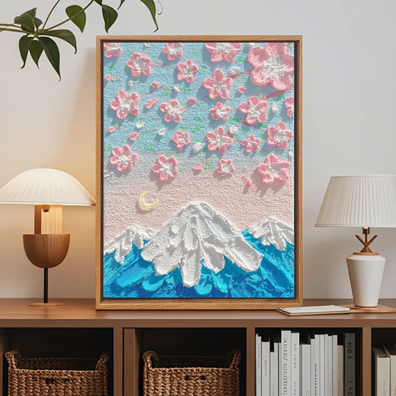 奶油风富士山樱花风景肌理画DIY