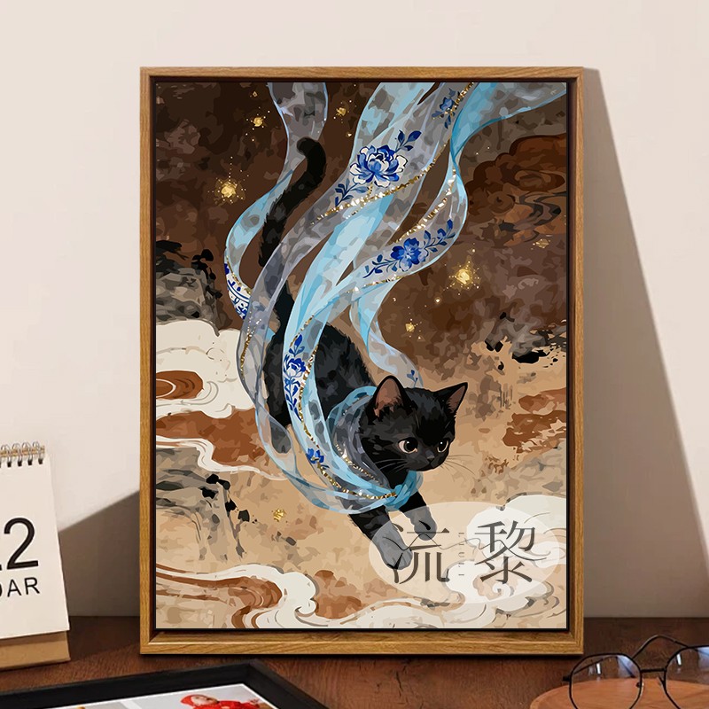 中古风青花瓷猫咪DIY数字油画手工绘填充涂色治愈卡通丙烯装饰画图片