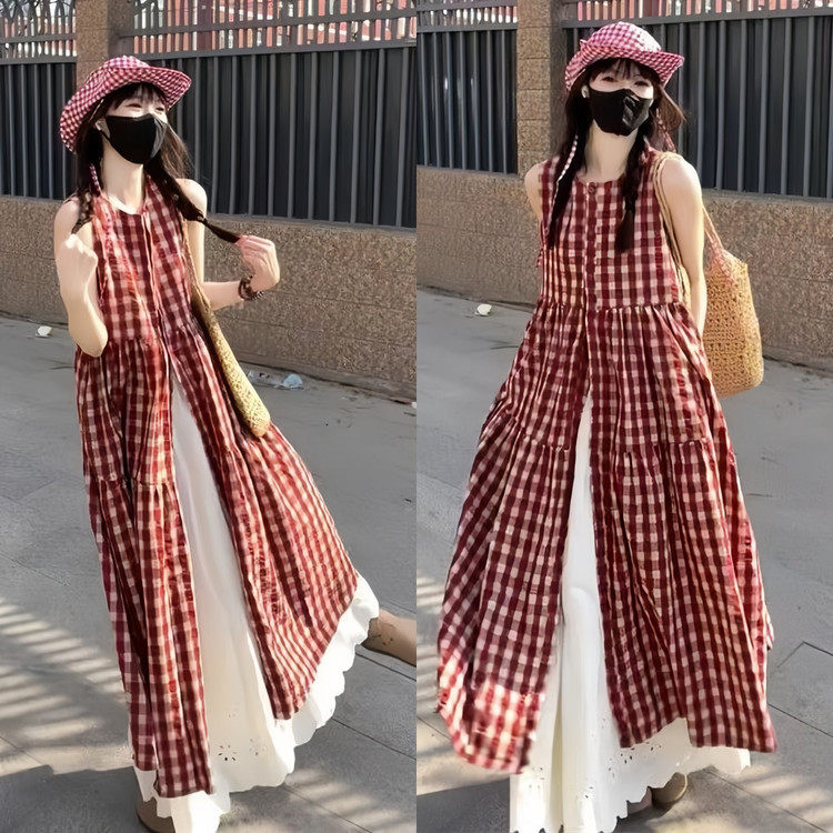 2026新款夏季女童红色格子连衣裙甜美公主风百搭裙子130-180cm
