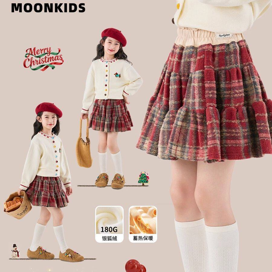 童装女童红格子半身裙圣诞冬季儿童加绒冬裙新日裙子