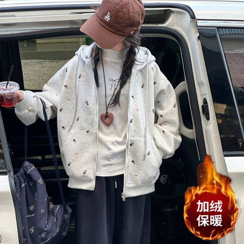 女童加绒外套秋冬款大儿童装卡通印花连帽开衫卫衣女孩深秋棒球服